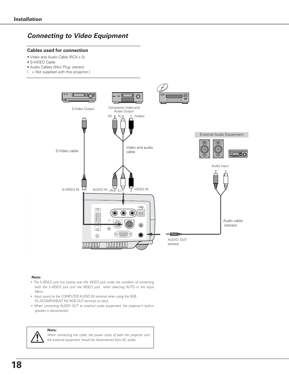 Connecting to video equipment, Installation, Cables used for connection | Canon LV-7220  EN User Manual | Page 18 / 64