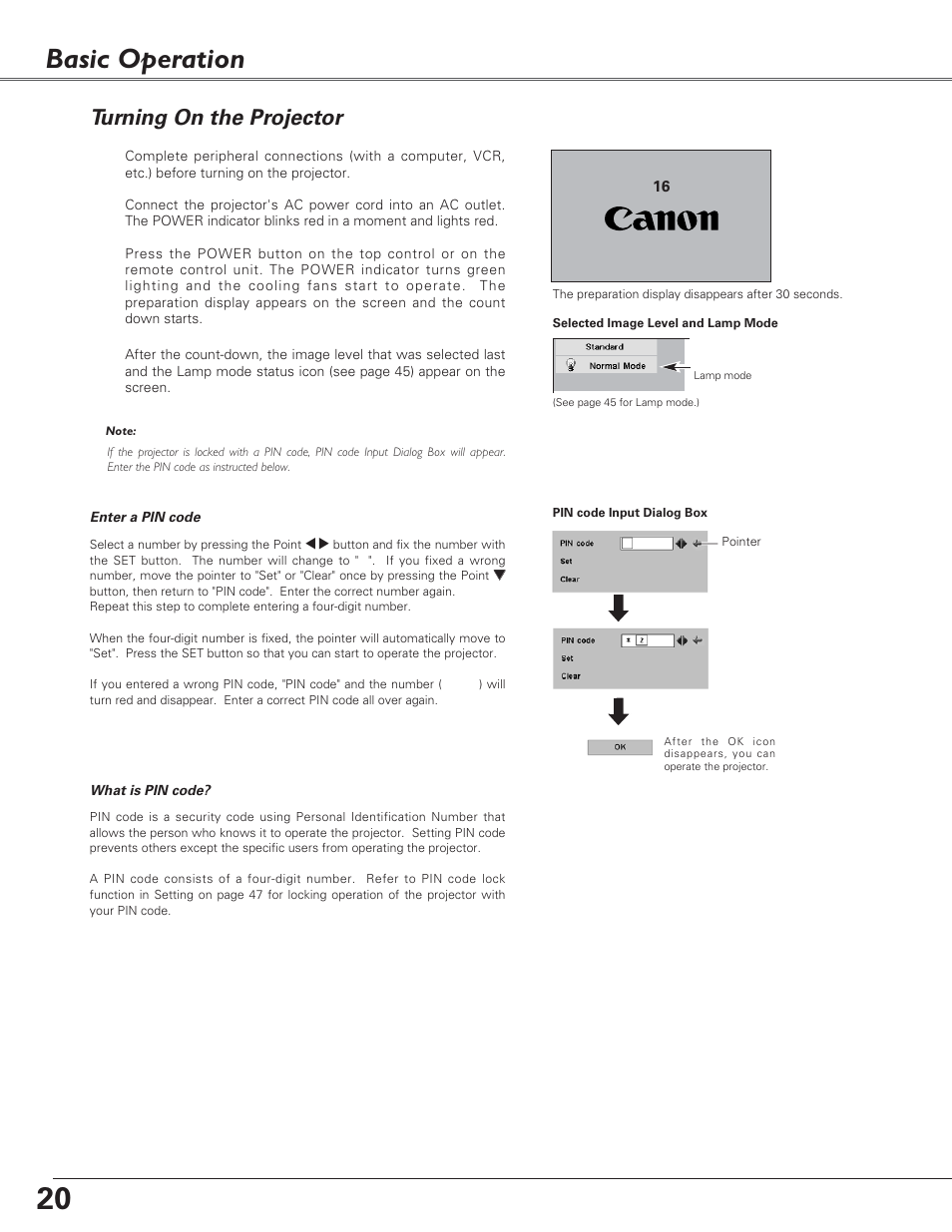 Basic operation, Turning on the projector | Canon LV-7220  EN User Manual | Page 20 / 64