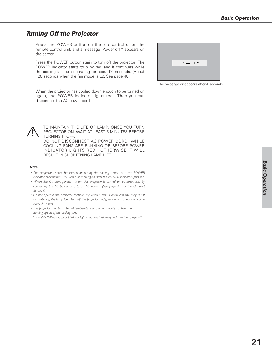 Turning off the projector | Canon LV-7220  EN User Manual | Page 21 / 64