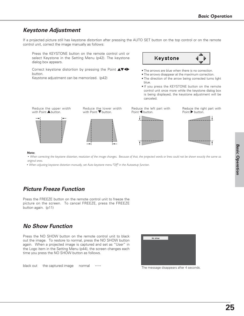 Keystone adjustment, Picture freeze function, No show function | Canon LV-7220  EN User Manual | Page 25 / 64
