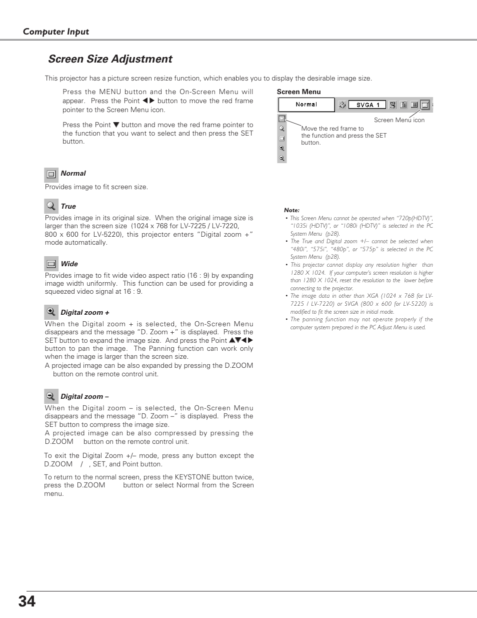 Screen size adjustment, Computer input | Canon LV-7220  EN User Manual | Page 34 / 64
