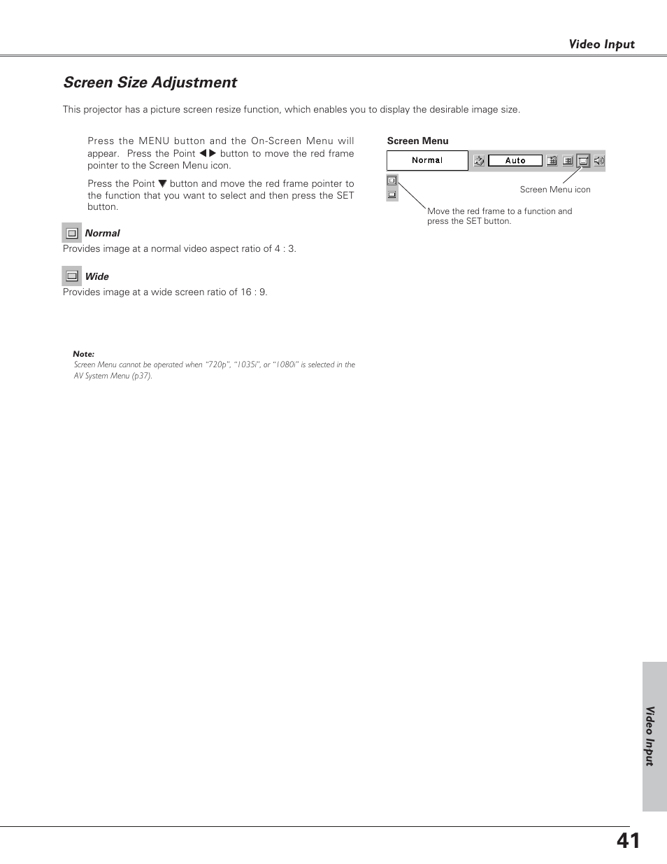 Screen size adjustment | Canon LV-7220  EN User Manual | Page 41 / 64