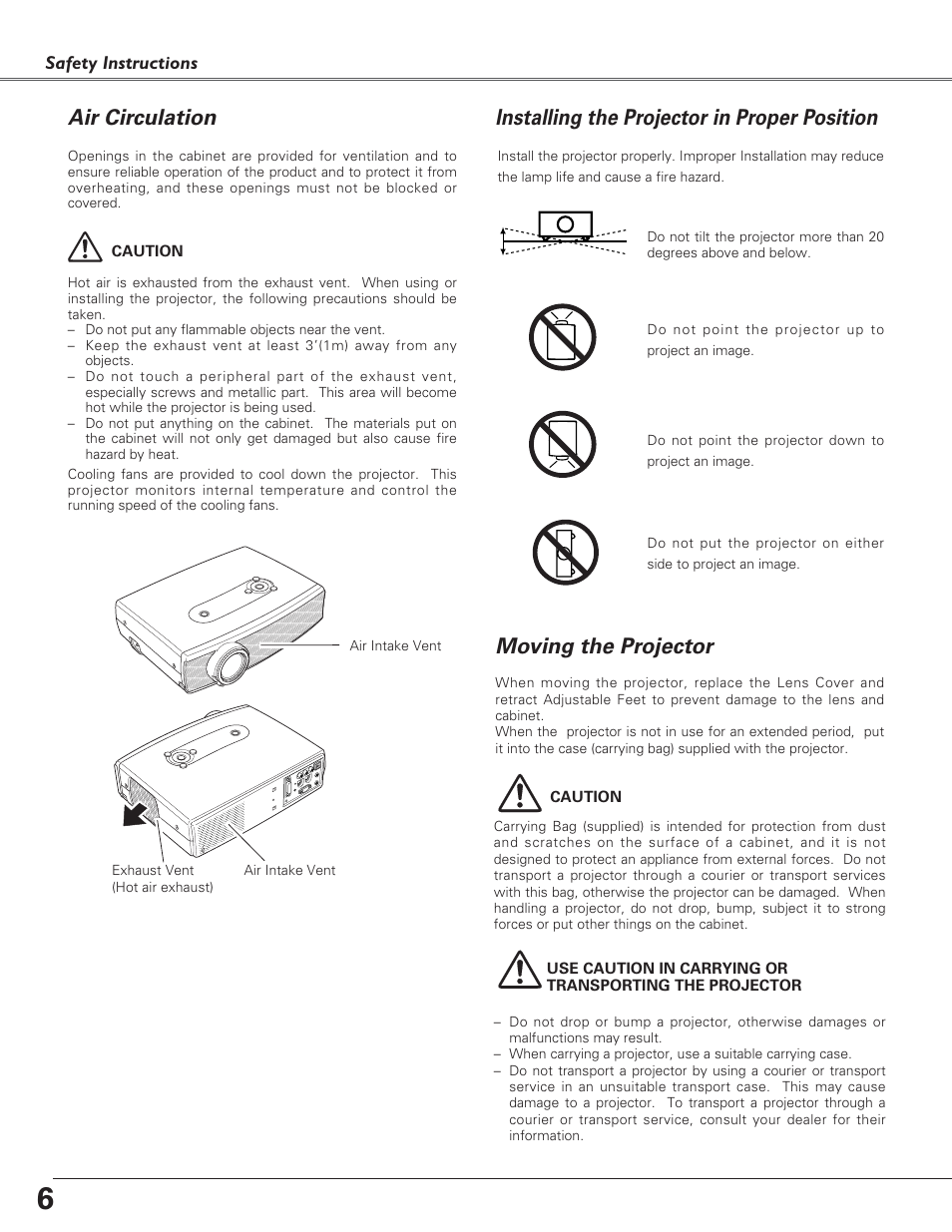 Air circulation, Installing the projector in, Moving the projector | Installing the projector in proper position, Safety instructions | Canon LV-7220  EN User Manual | Page 6 / 64