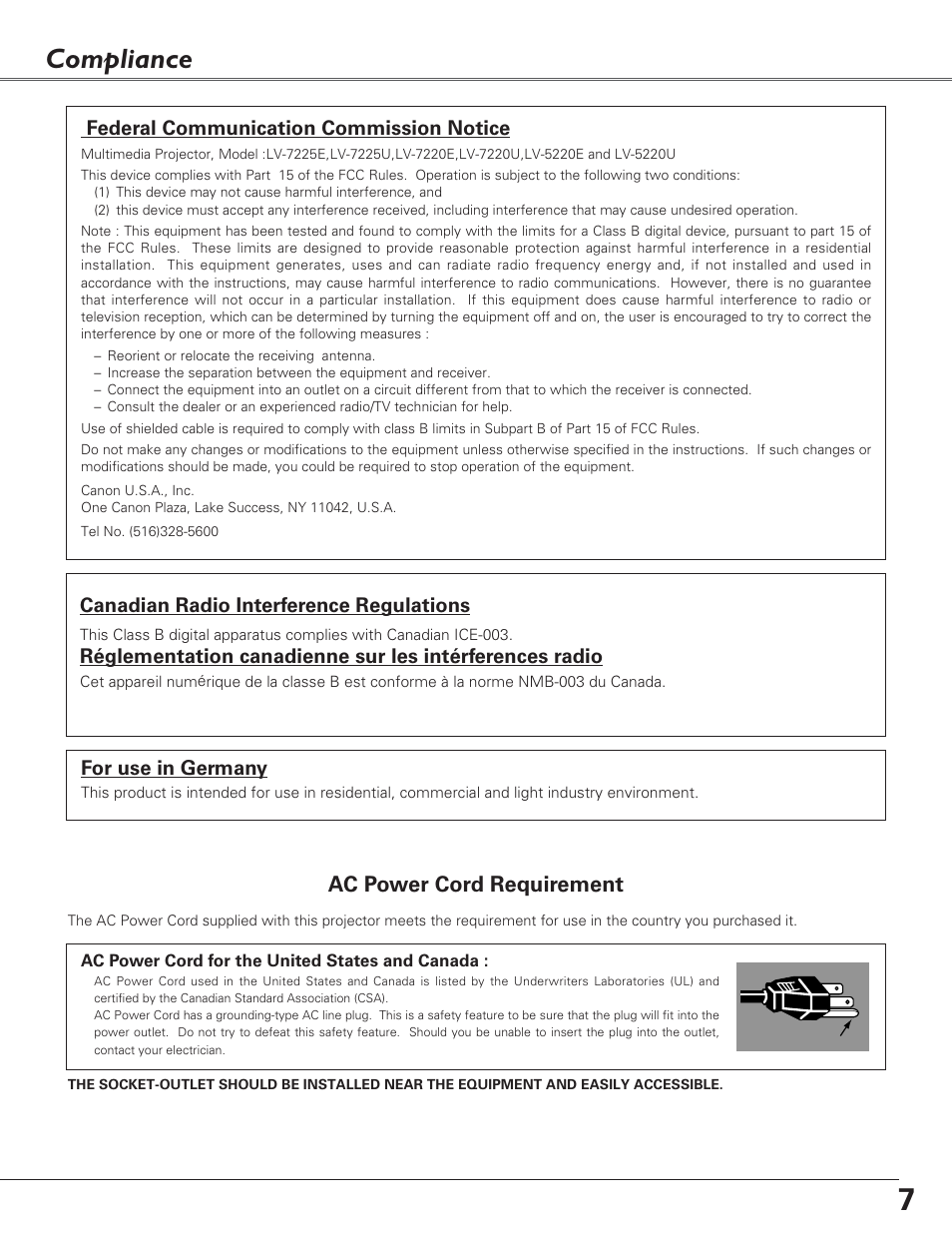 Compliance, Ac power cord requirement, Federal communication commission notice | For use in germany, Canadian radio interference regulations | Canon LV-7220  EN User Manual | Page 7 / 64