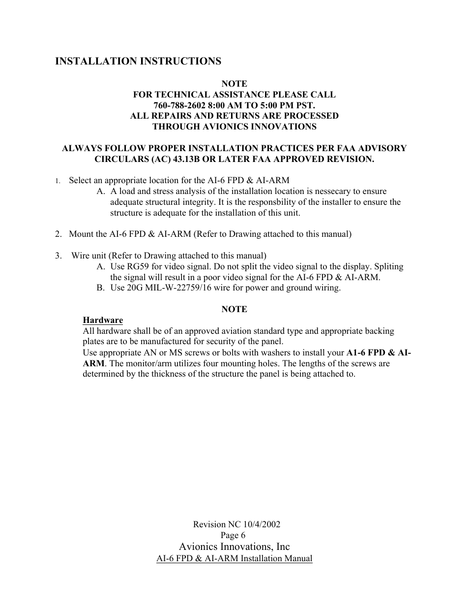 Installation instructions, Note, Hardware | Ai-6 fpd & ai-arm installation manual, Avionics innovations, inc | Avionics Innovations AI-FPD-6 with Arm User Manual | Page 7 / 12