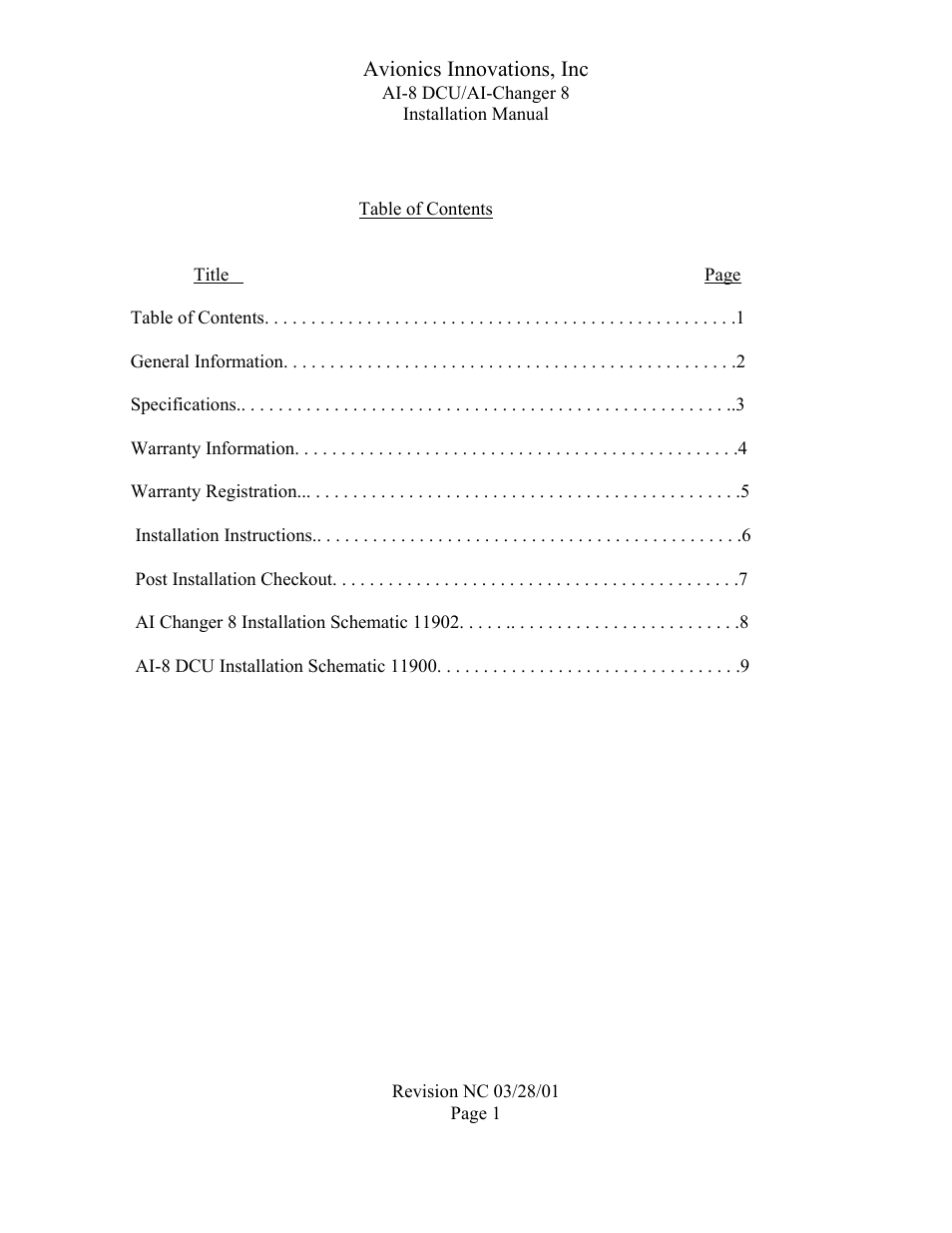 Avionics Innovations AI 8-DCU P/N: 11001 Installation Manual User Manual | 10 pages