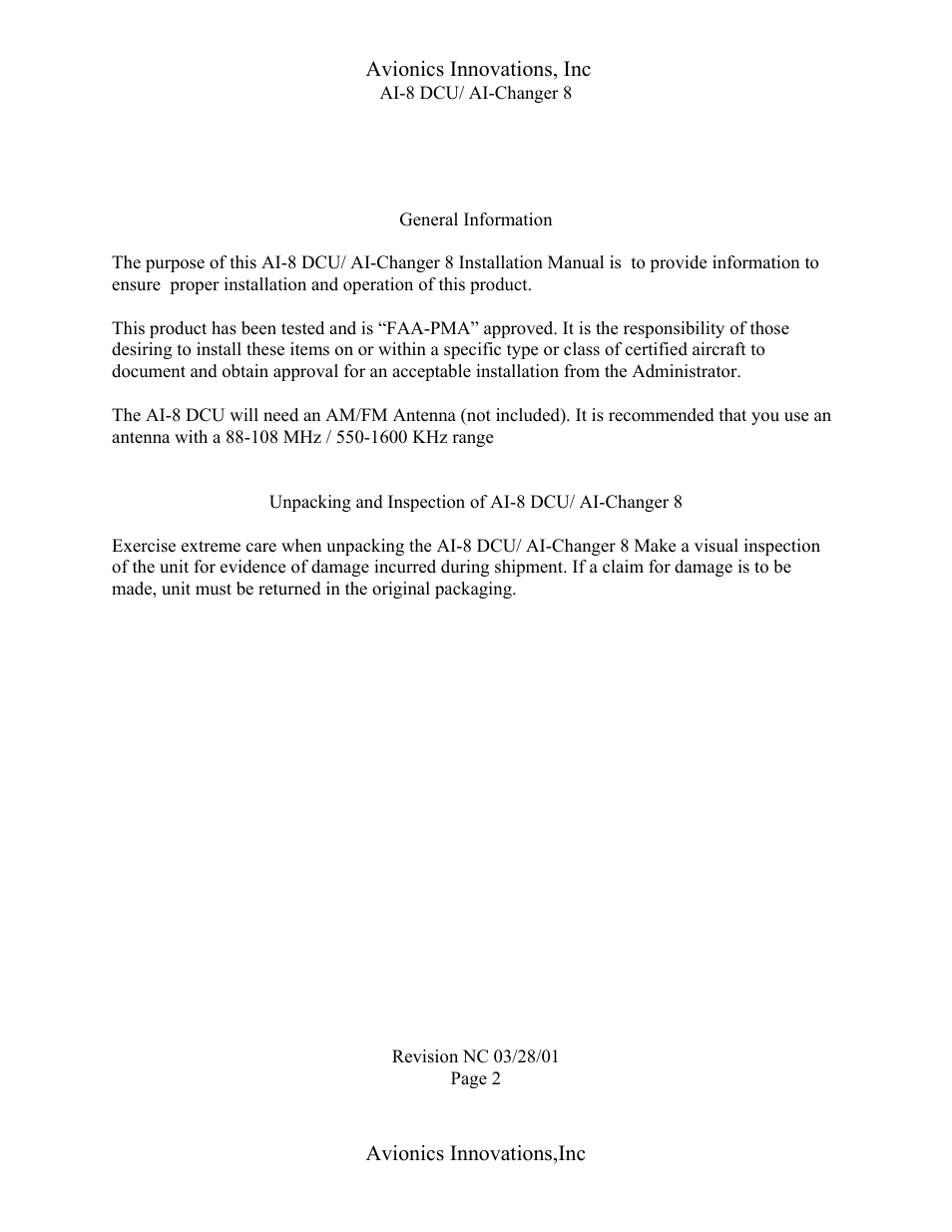 Ai-8 dcu/ ai-changer 8 | Avionics Innovations AI 8-DCU P/N: 11001 Installation Manual User Manual | Page 2 / 10