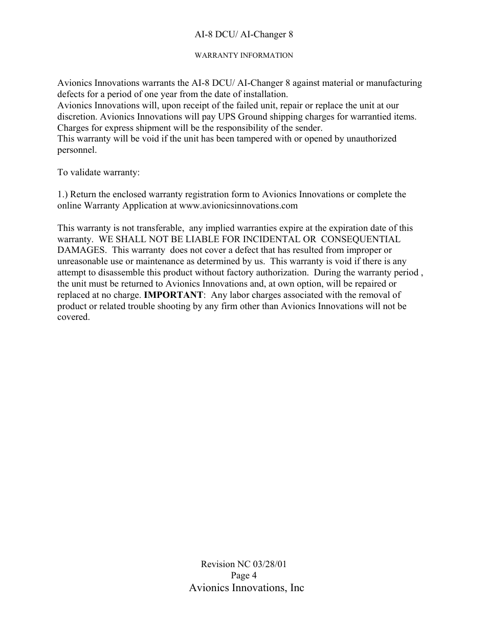 Ai-8 dcu/ ai-changer 8, Avionics innovations, inc | Avionics Innovations AI 8-DCU P/N: 11001 Installation Manual User Manual | Page 4 / 10