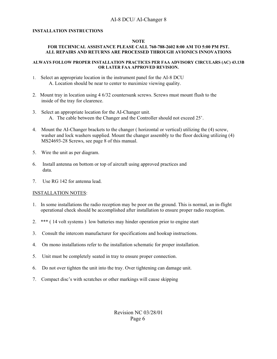 Ai-8 dcu/ ai-changer 8, Installation instructions, Note | Avionics Innovations AI 8-DCU P/N: 11001 Installation Manual User Manual | Page 6 / 10