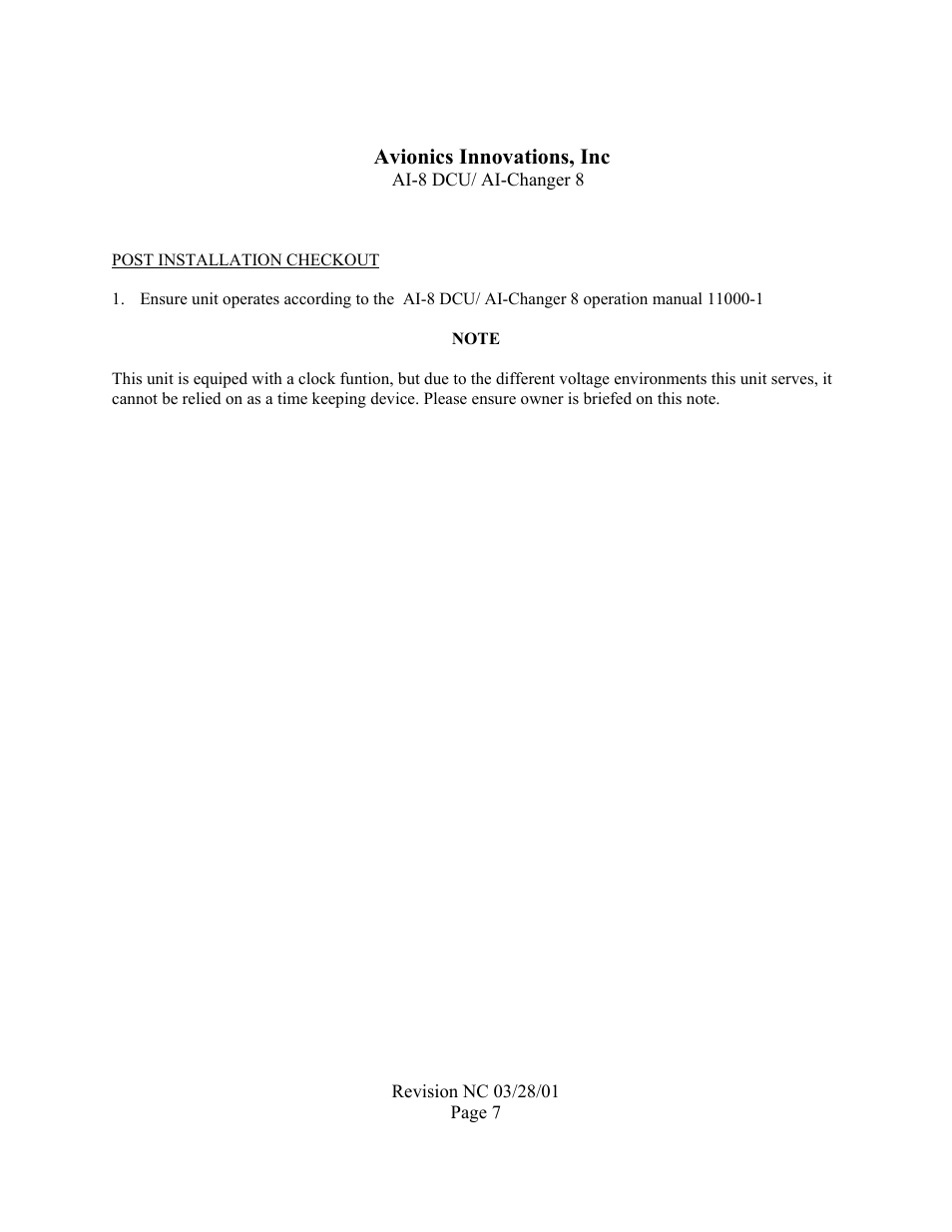 Avionics innovations, inc, Post installation checkout, Note | Avionics Innovations AI 8-DCU P/N: 11001 Installation Manual User Manual | Page 7 / 10