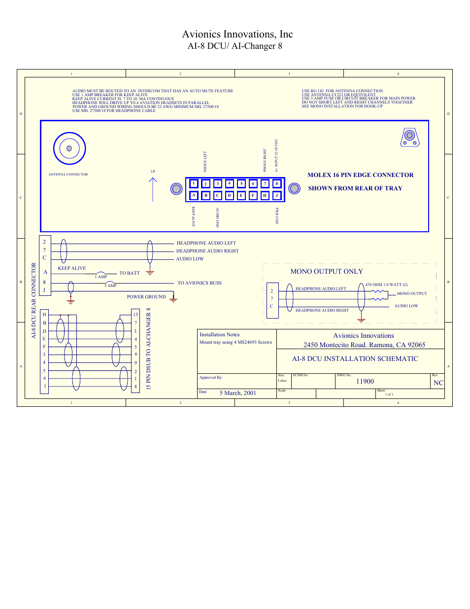 Avionics innovations, inc, Ai-8 dcu/ ai-changer 8, Ai-8 dcu installation schematic | Mono output only | Avionics Innovations AI 8-DCU P/N: 11001 Installation Manual User Manual | Page 8 / 10