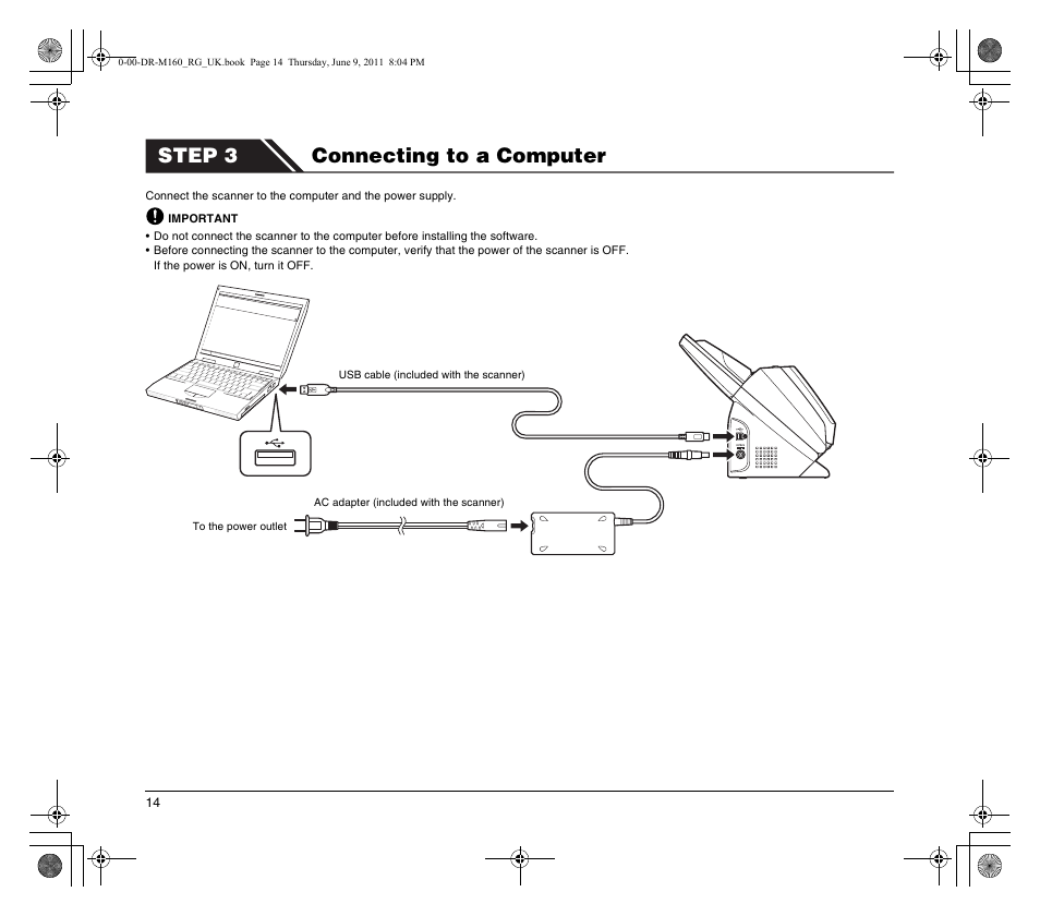 Step 3 connecting to a computer | Canon DR-M160 User Manual | Page 14 / 56