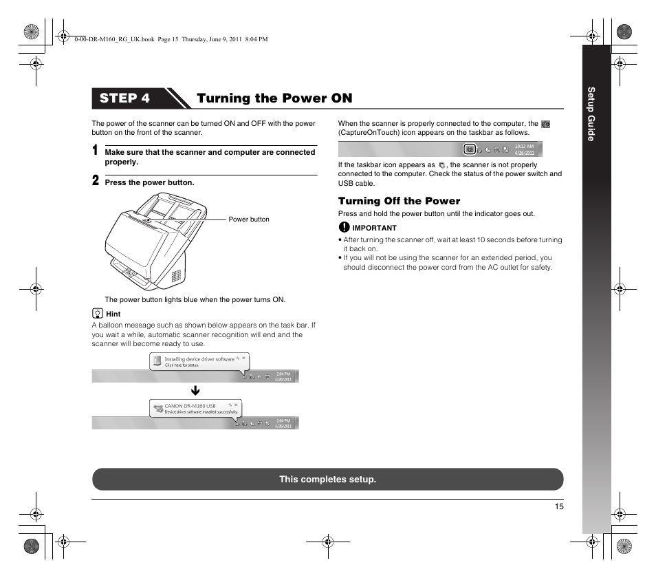 Step 4 turning the power on | Canon DR-M160 User Manual | Page 15 / 56