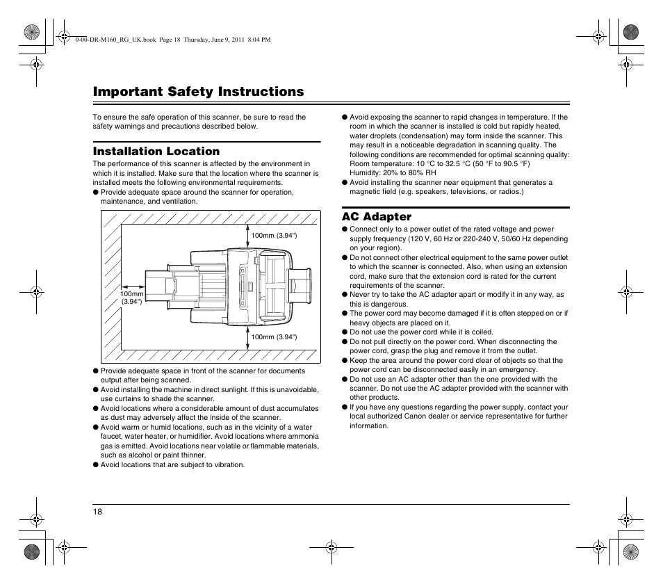 Important safety instructions, Installation location, Ac adapter | Canon DR-M160 User Manual | Page 18 / 56