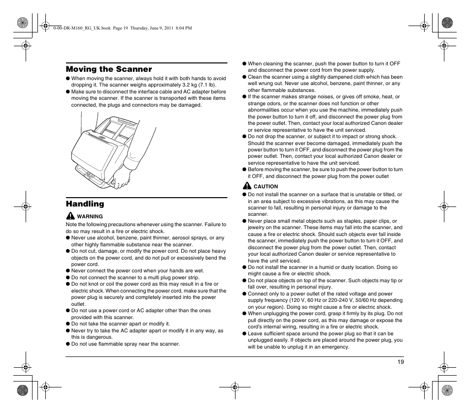 Moving the scanner, Handling | Canon DR-M160 User Manual | Page 19 / 56