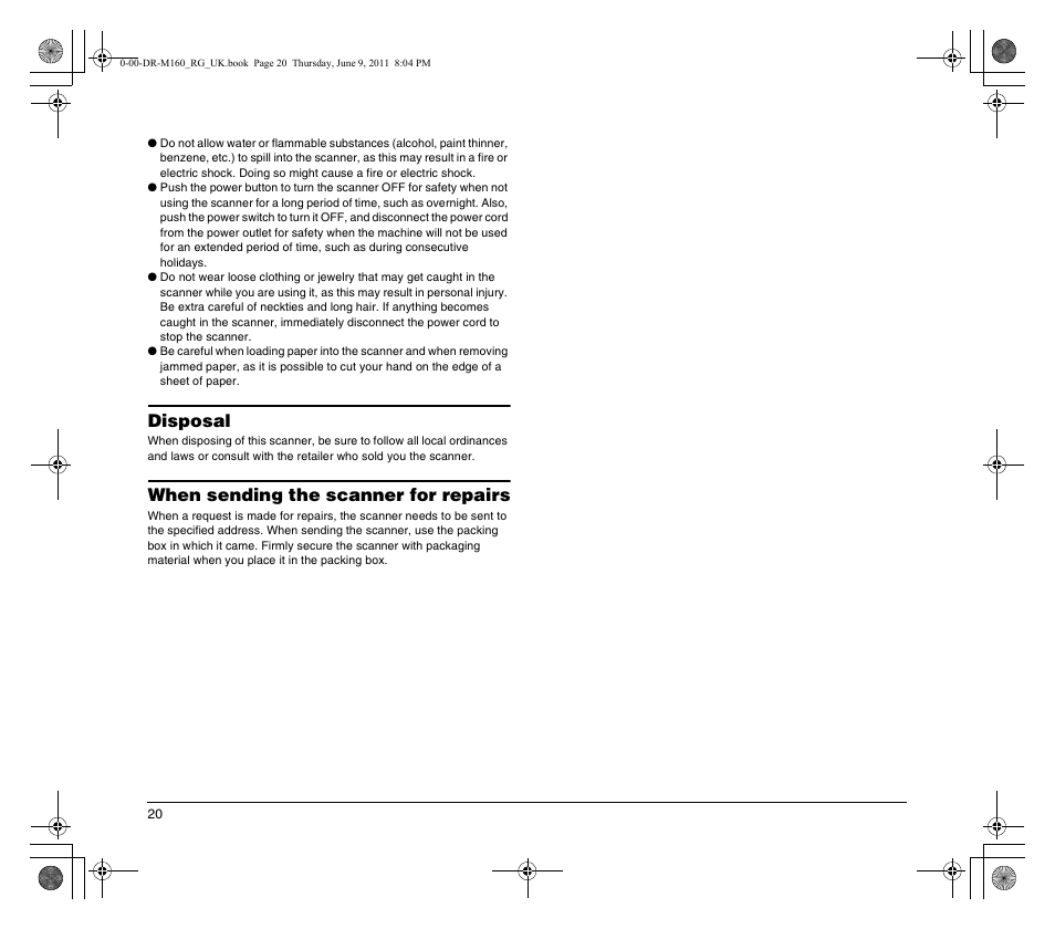 Disposal, When sending the scanner for repairs | Canon DR-M160 User Manual | Page 20 / 56