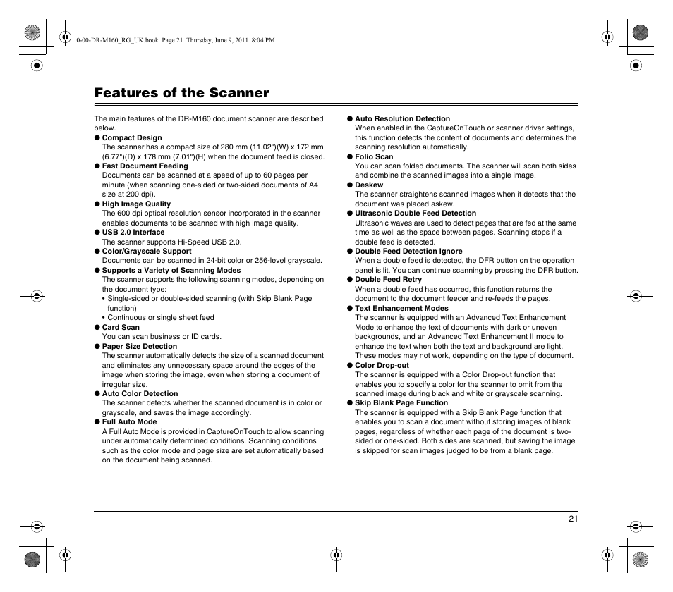 Features of the scanner | Canon DR-M160 User Manual | Page 21 / 56