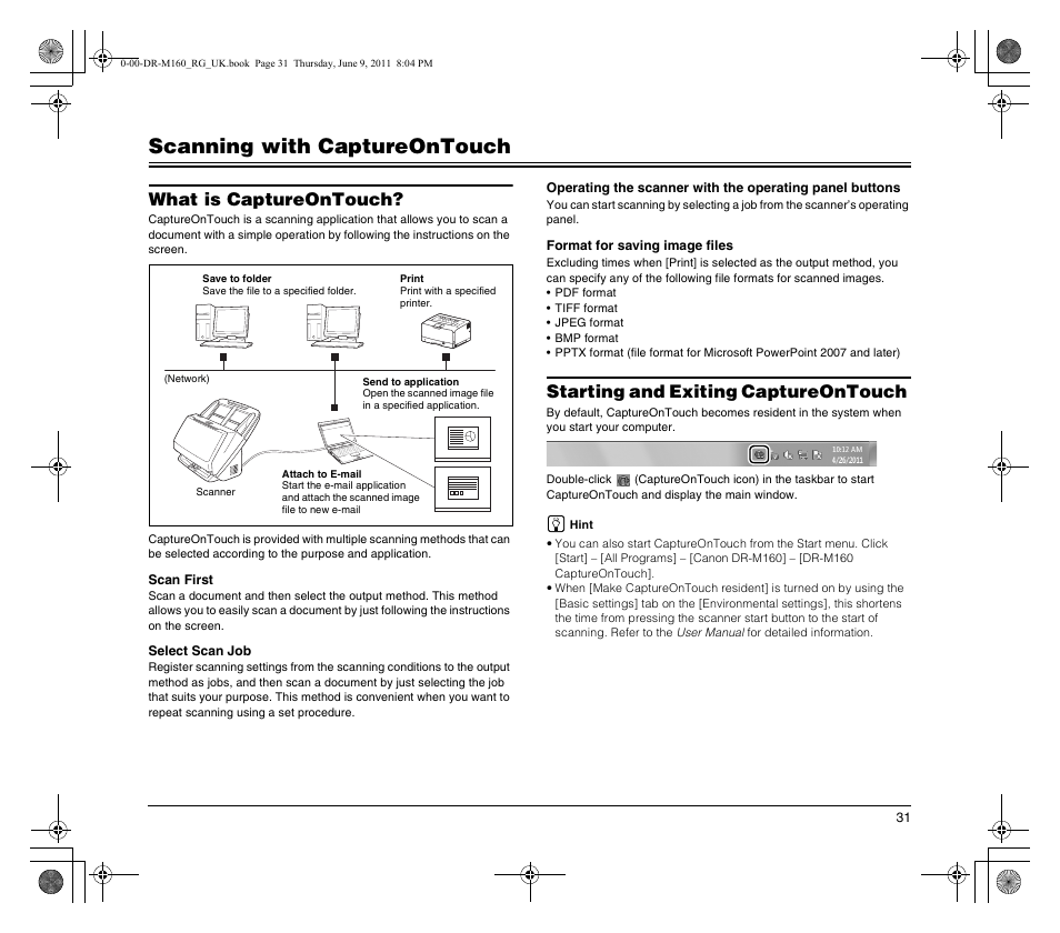 Scanning with captureontouch, What is captureontouch, Starting and exiting captureontouch | Canon DR-M160 User Manual | Page 31 / 56