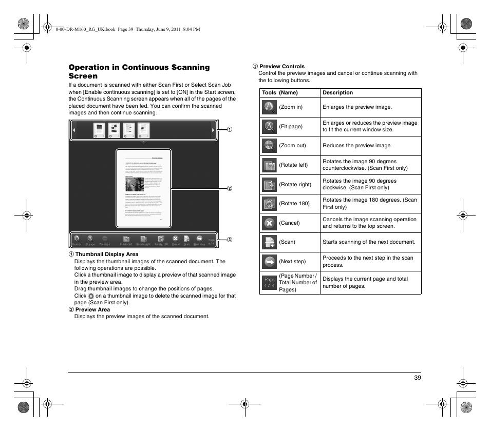 Operation in continuous scanning screen | Canon DR-M160 User Manual | Page 39 / 56