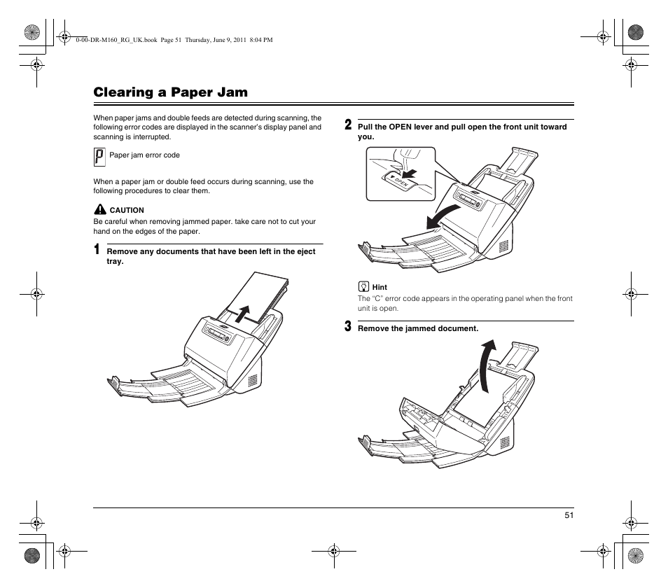 Clearing a paper jam | Canon DR-M160 User Manual | Page 51 / 56