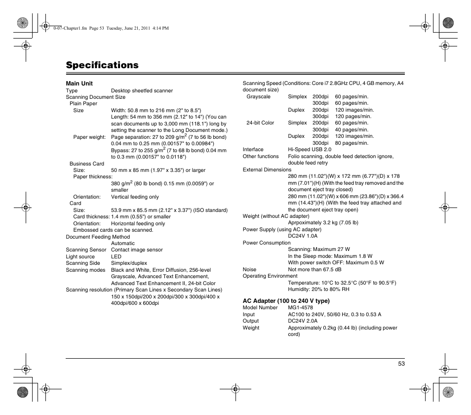 Specifications | Canon DR-M160 User Manual | Page 53 / 56