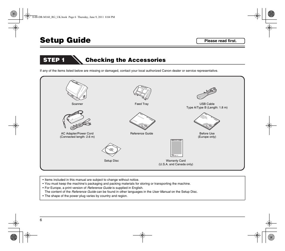 Setup guide, Step 1 checking the accessories | Canon DR-M160 User Manual | Page 6 / 56