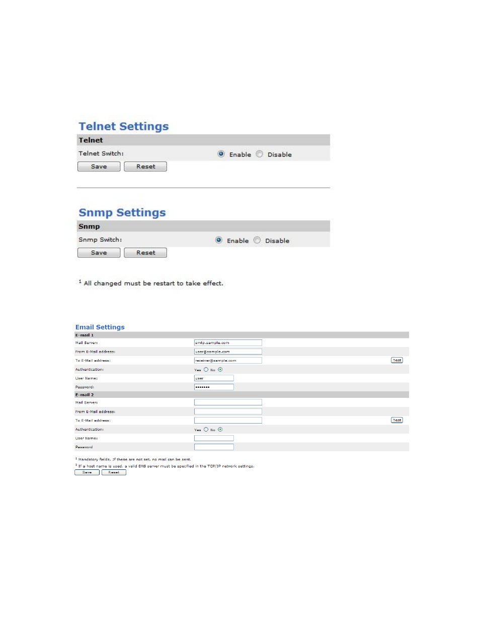Telnet & snmp settings, Email settings | Aviosys 9258HP User Manual | Page 39 / 52