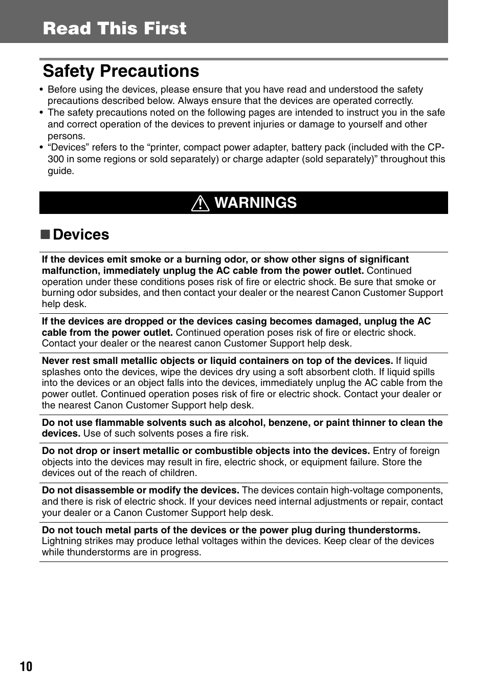 Read this first safety precautions, Devices warnings | Canon CDI-M113-010 User Manual | Page 11 / 154