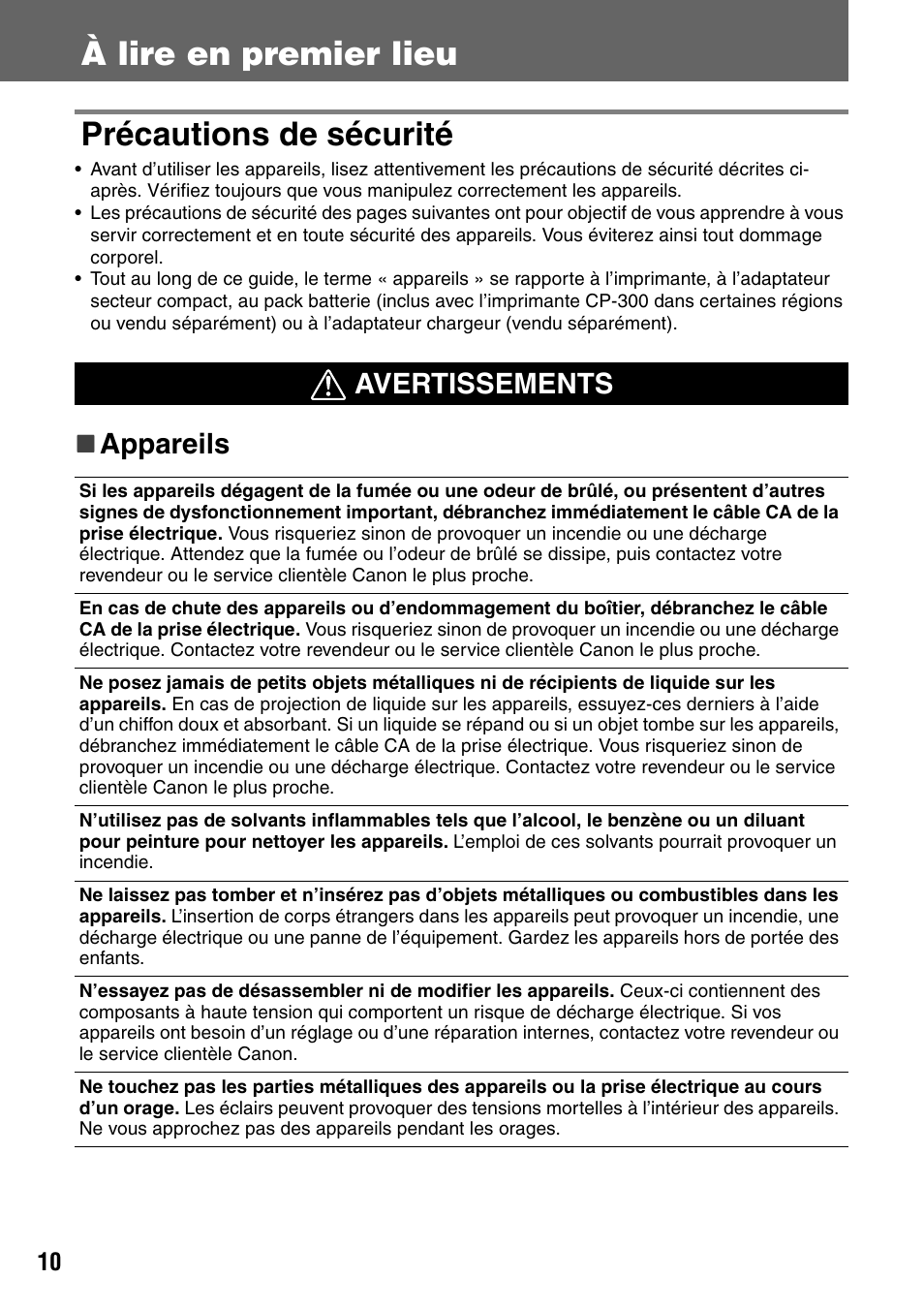 À lire en premier lieu précautions de sécurité, Appareils avertissements | Canon CDI-M113-010 User Manual | Page 111 / 154