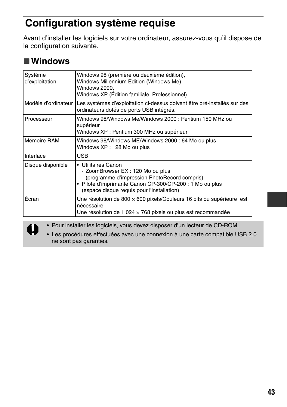 Configuration système requise, Windows | Canon CDI-M113-010 User Manual | Page 144 / 154