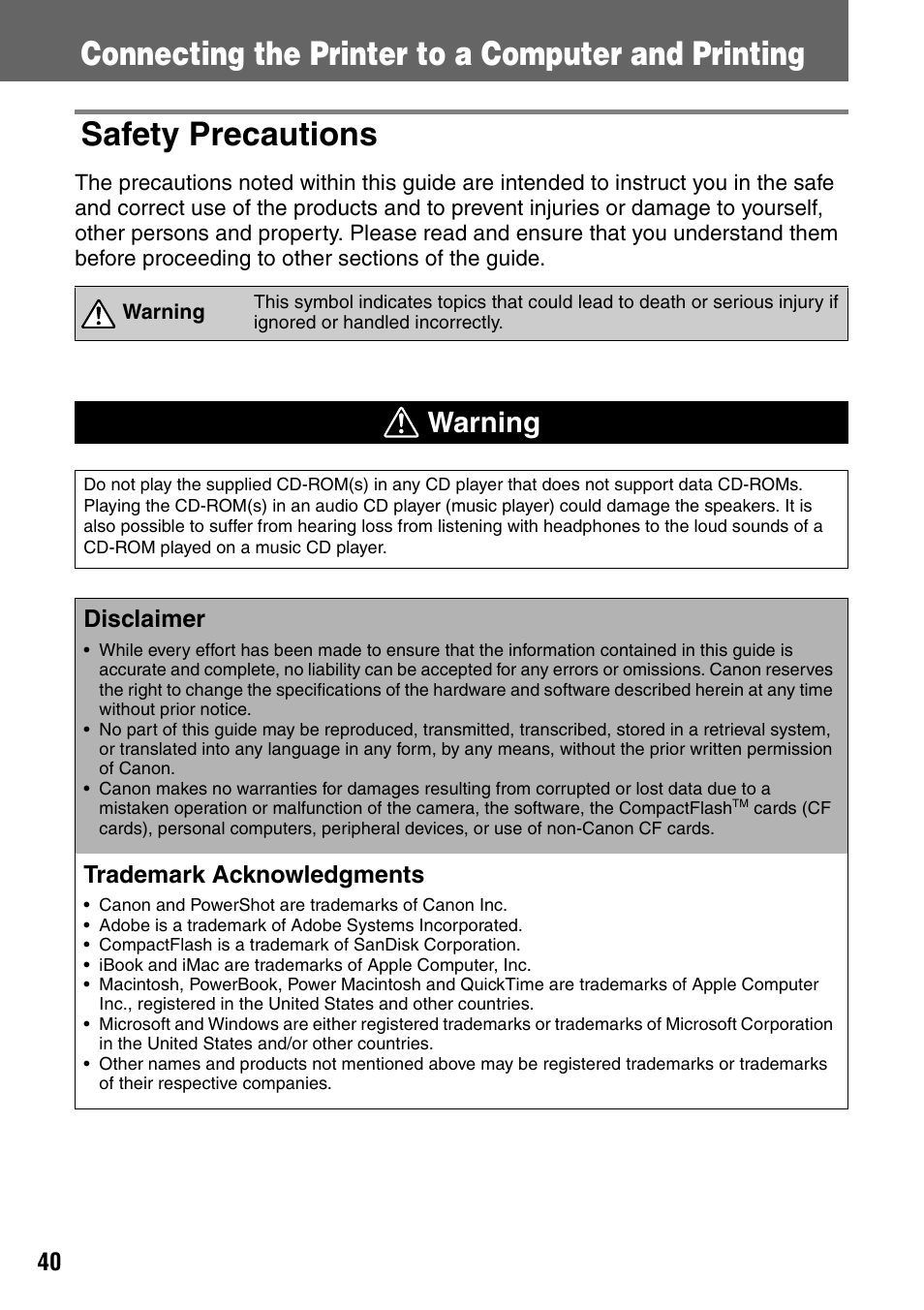 Warning, Disclaimer, Trademark acknowledgments | Canon CDI-M113-010 User Manual | Page 41 / 154