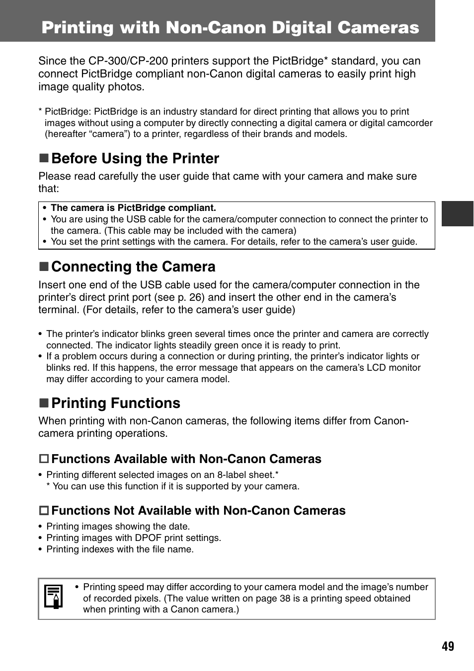 Printing with non-canon digital cameras, Before using the printer, Connecting the camera | Printing functions | Canon CDI-M113-010 User Manual | Page 50 / 154