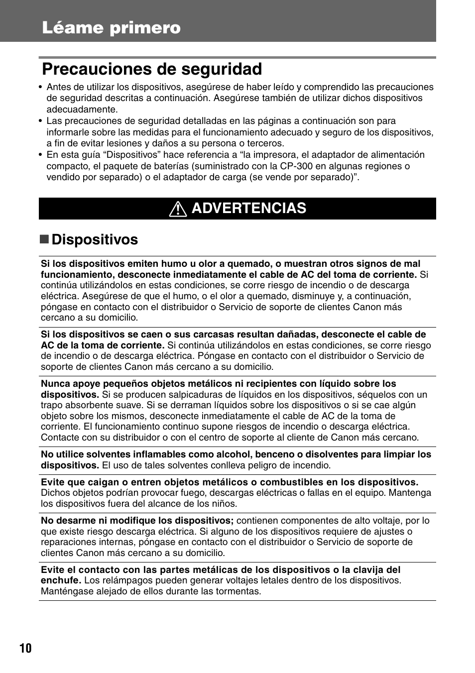 Léame primero precauciones de seguridad, Dispositivos advertencias | Canon CDI-M113-010 User Manual | Page 61 / 154
