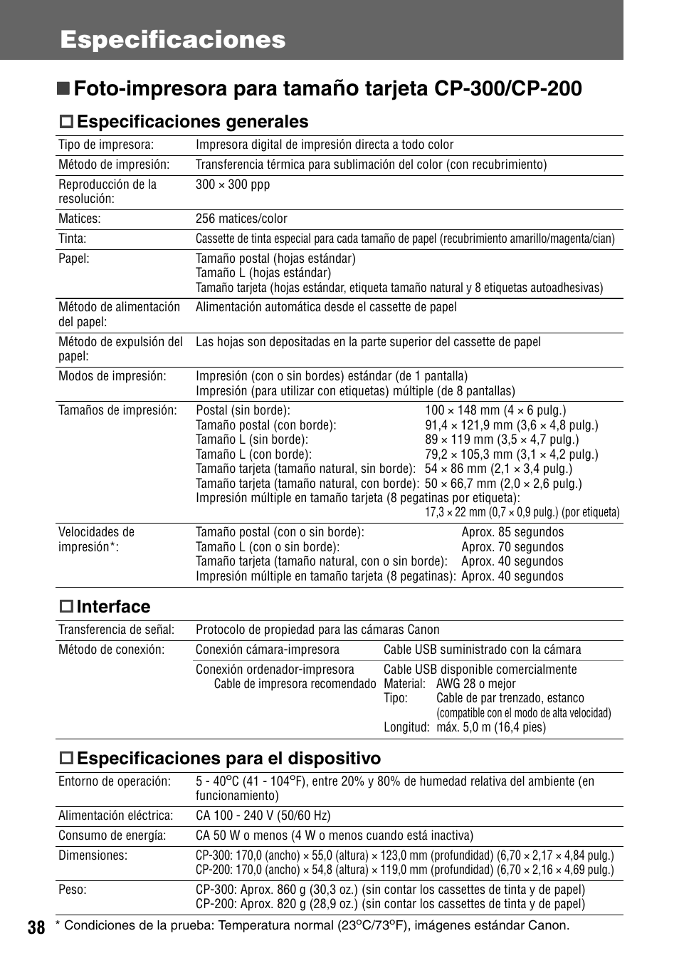 Especificaciones, Foto-impresora para tama, Especificaciones generales | Interface, Especificaciones para el dispositivo | Canon CDI-M113-010 User Manual | Page 89 / 154