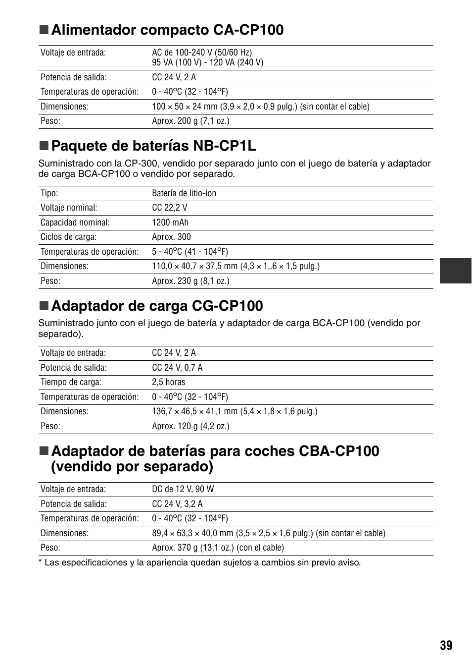 S nb-cp1l, Adaptador de carga cg-cp100, Adaptador de bater | S para coches cba-cp100 (vendido por separado) | Canon CDI-M113-010 User Manual | Page 90 / 154