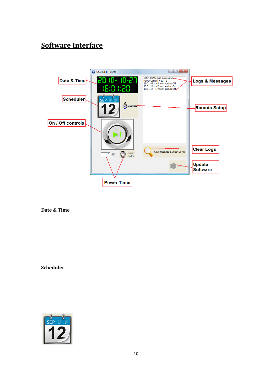 Software interface, Date & time, Scheduler | Aviosys 8800 User Manual | Page 10 / 19