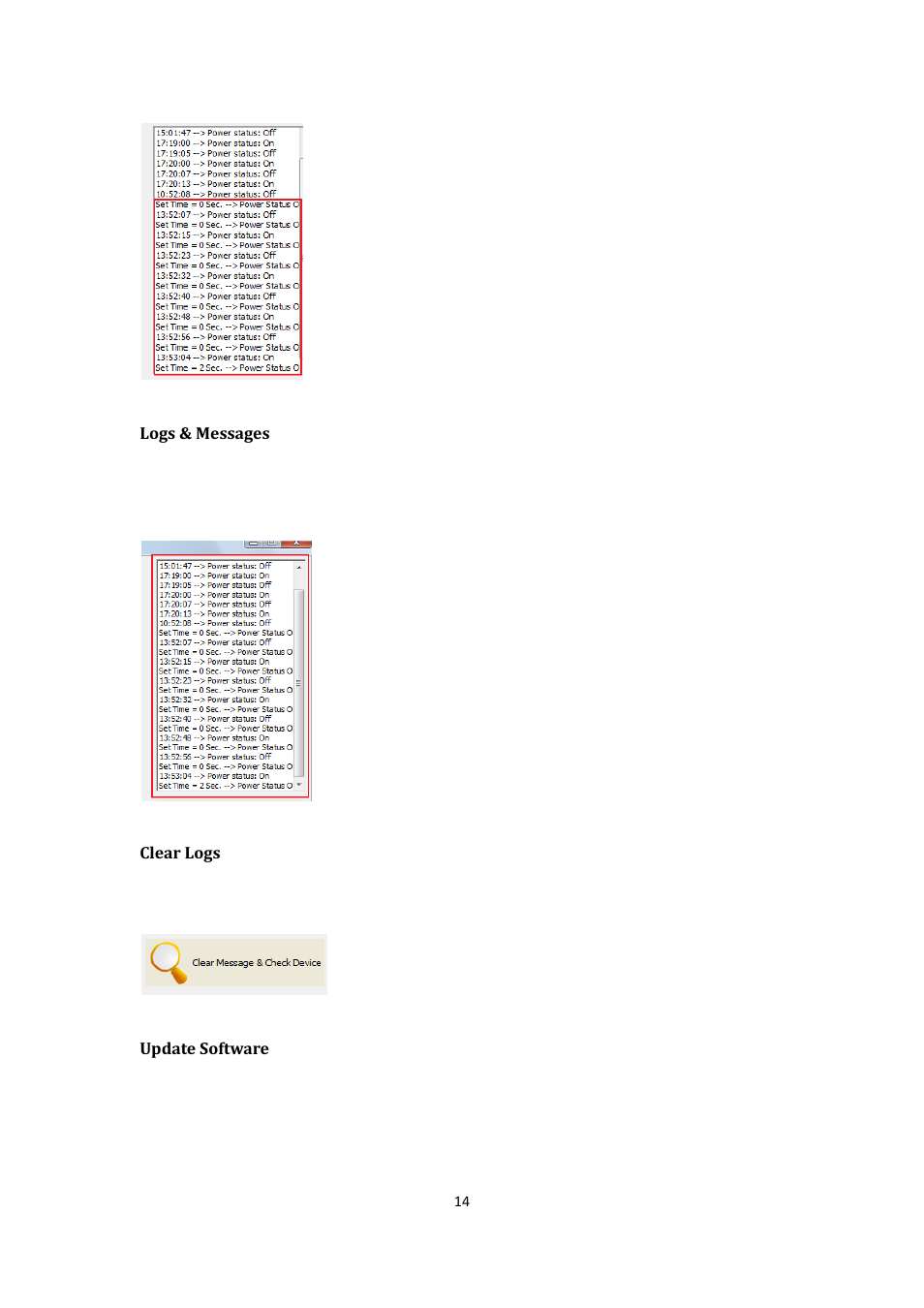 Logs & messages clear logs, Update software | Aviosys 8800 User Manual | Page 14 / 19