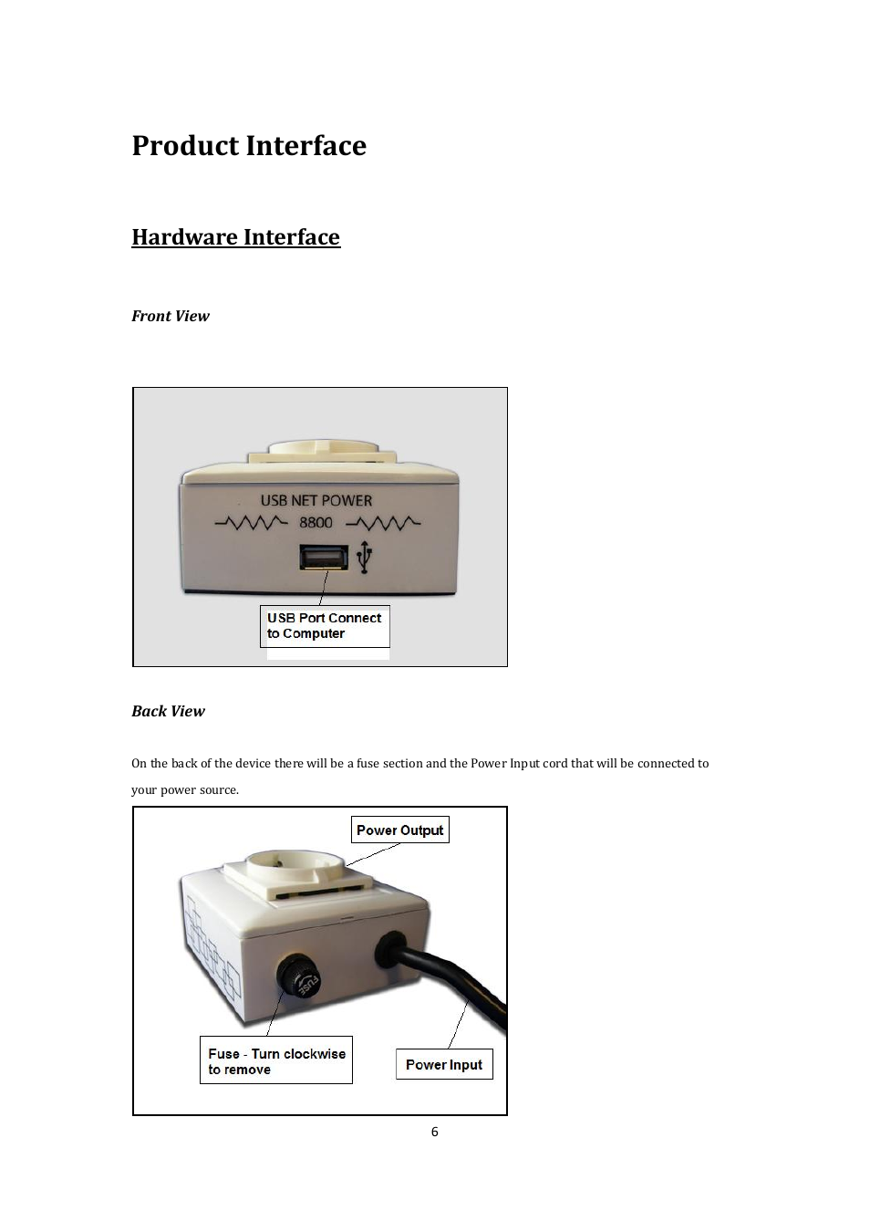 Product interface, Hardware interface, Front view | Back view | Aviosys 8800 User Manual | Page 6 / 19