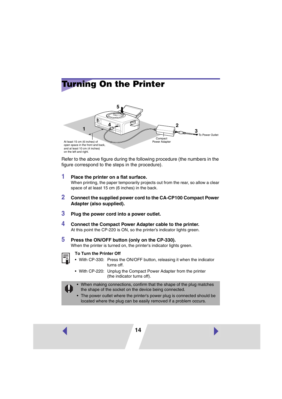 Turning on the printer | Canon CP-330 User Manual | Page 14 / 64