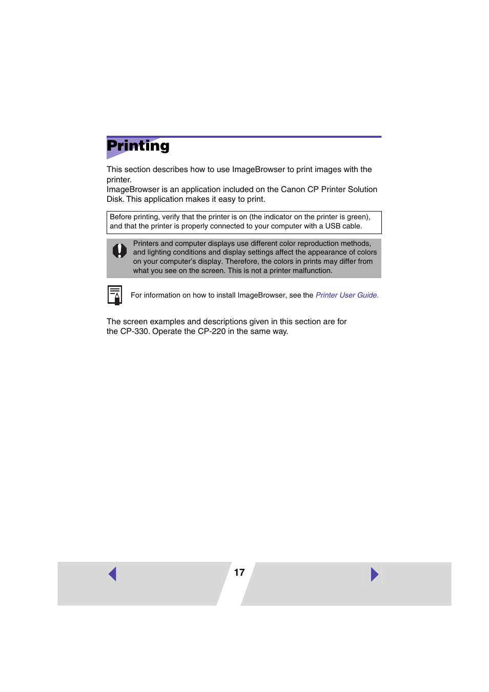 Printing | Canon CP-330 User Manual | Page 17 / 64