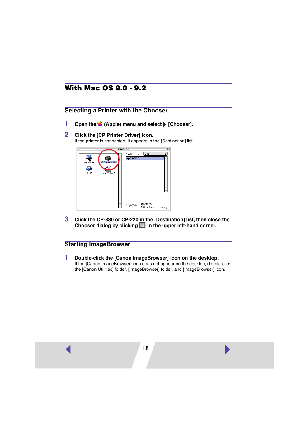 With mac os 9.0 - 9.2, Selecting a printer with the chooser, Starting imagebrowser | Canon CP-330 User Manual | Page 18 / 64