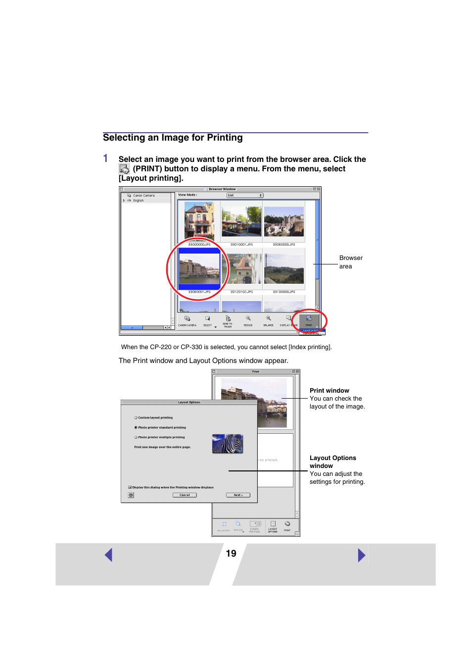Selecting an image for printing, 19 selecting an image for printing | Canon CP-330 User Manual | Page 19 / 64