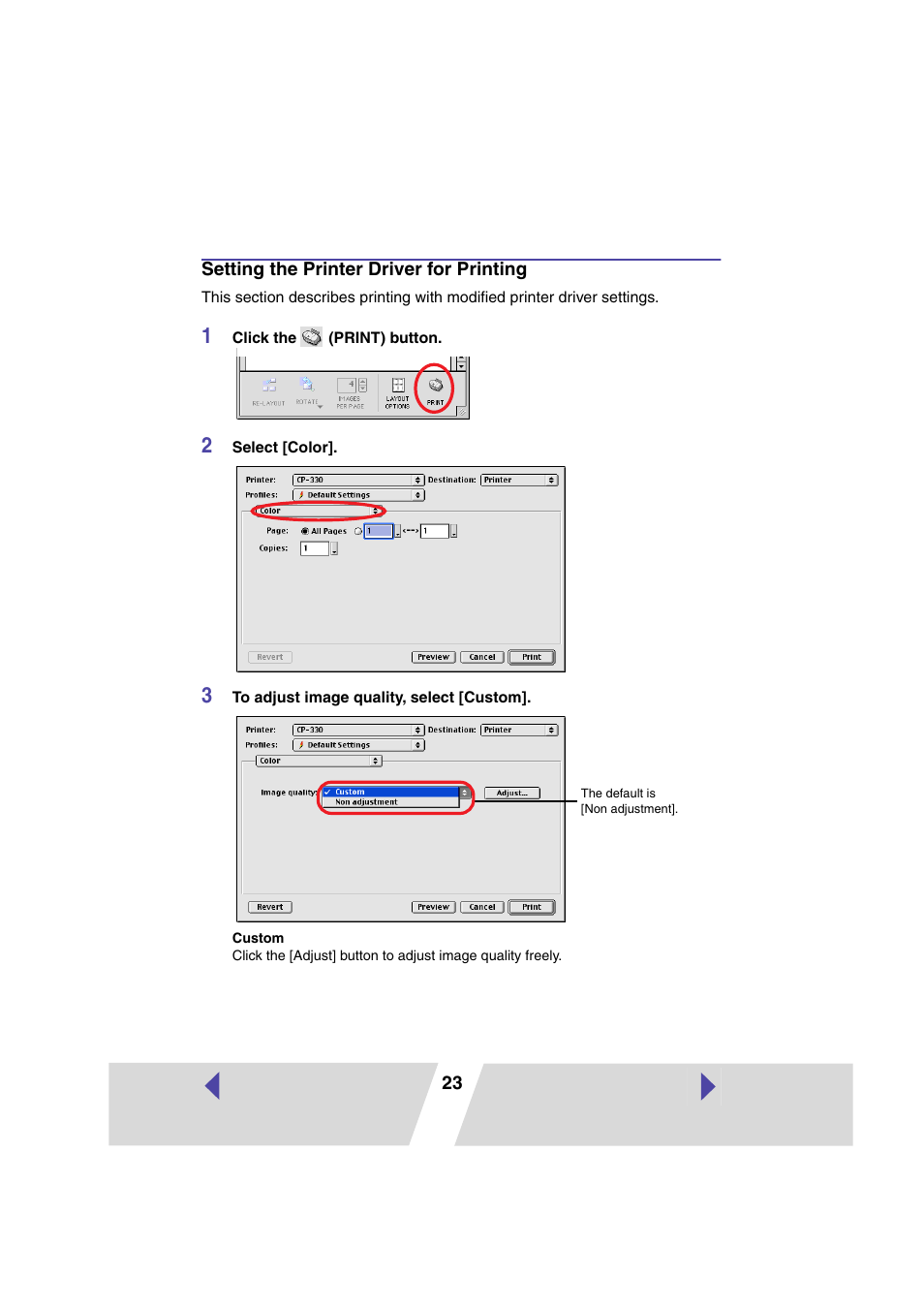 Setting the printer driver for printing | Canon CP-330 User Manual | Page 23 / 64