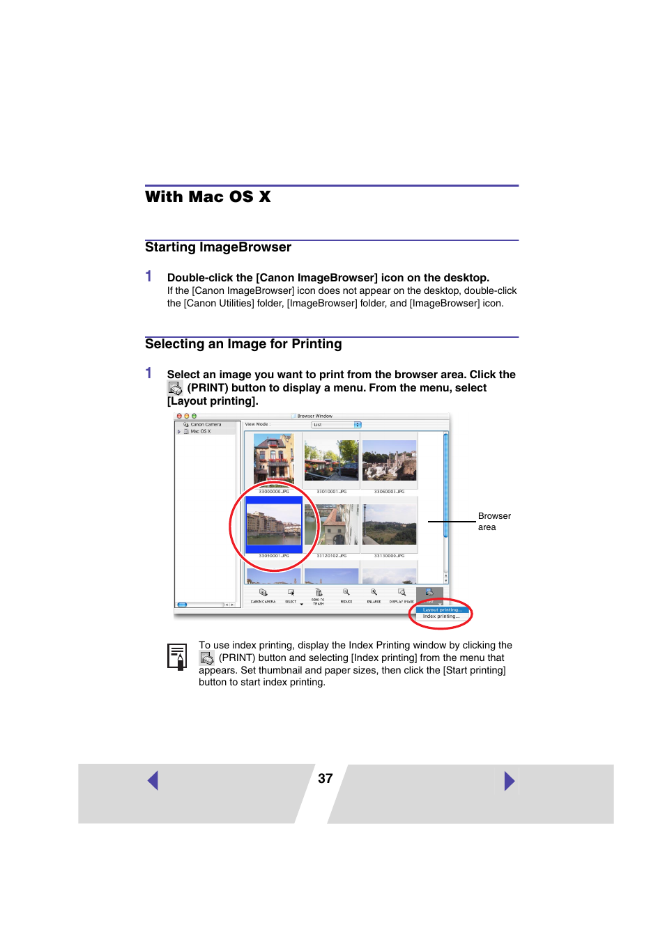 With mac os x, Starting imagebrowser, Selecting an image for printing | Canon CP-330 User Manual | Page 37 / 64