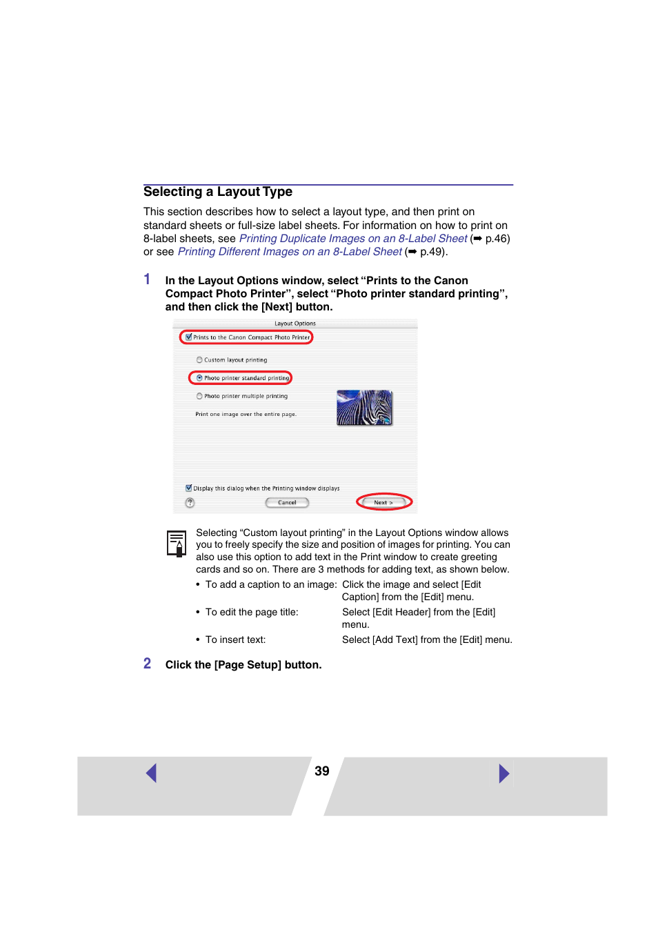 Selecting a layout type | Canon CP-330 User Manual | Page 39 / 64