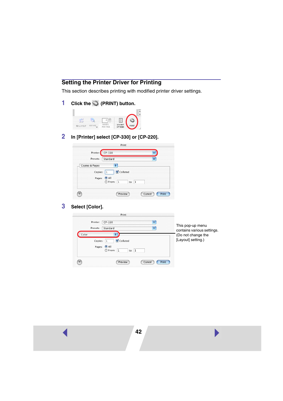 Setting the printer driver for printing | Canon CP-330 User Manual | Page 42 / 64