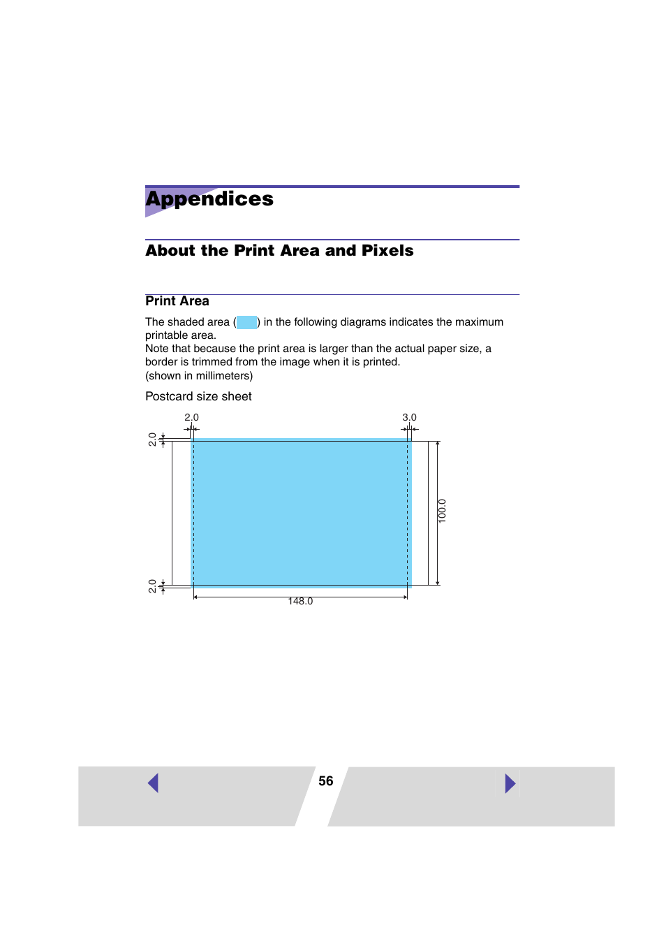 Appendices, About the print area and pixels, Print area | Canon CP-330 User Manual | Page 56 / 64