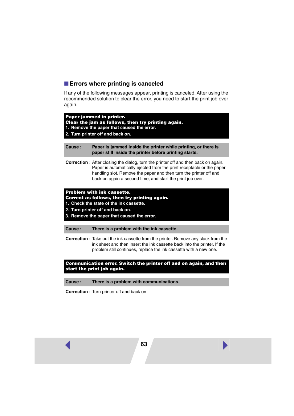63 ■ errors where printing is canceled | Canon CP-330 User Manual | Page 63 / 64