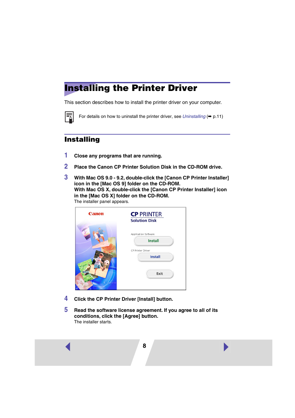 Installing the printer driver, Installing | Canon CP-330 User Manual | Page 8 / 64