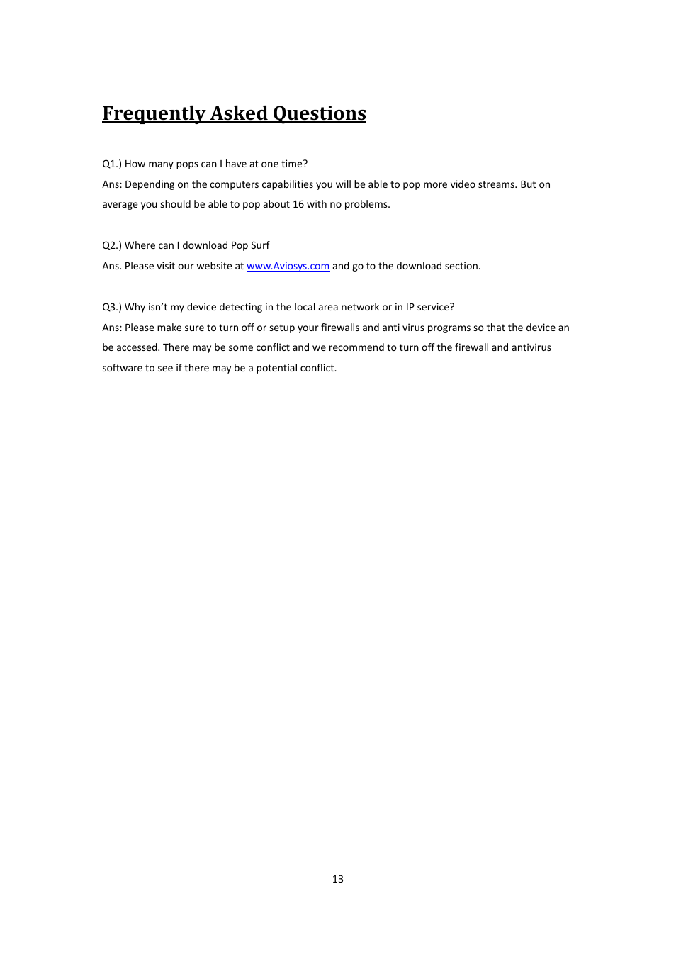 Frequently asked questions | Aviosys Surf PoP Beta User Manual | Page 13 / 13